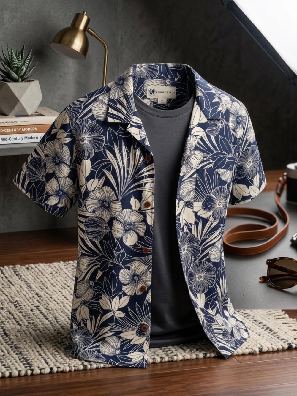 Aeropostale Navy and Cream Floral Short-Sleeve Shirt Jacket